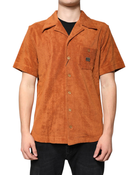 Chemise boutonnée à col en velours de coton noisette