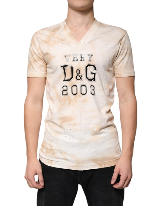 T-shirt col V en coton à imprimé graphique beige