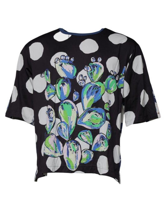 T-shirt col rond en coton imprimé noir et blanc
