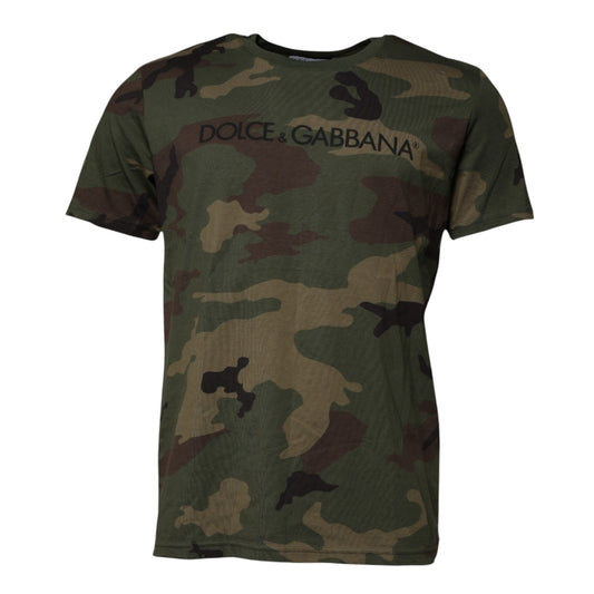 T-shirt col rond en coton camouflage multicolore