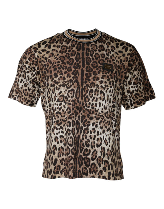 T-shirt ras du cou à manches courtes et imprimé léopard marron