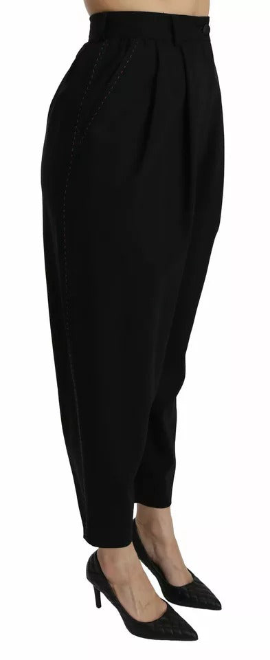 Pantalon court taille haute en laine noire à plis sur le devant