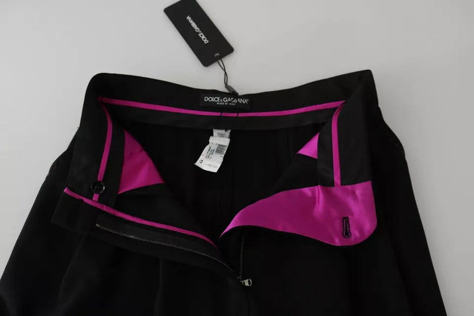 Pantalon court taille haute en laine noire à plis sur le devant