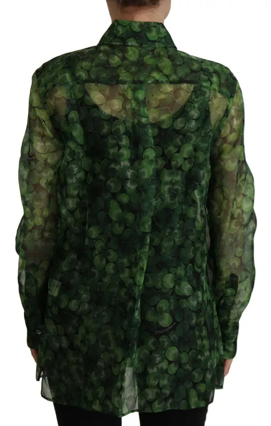 Blusa de manga larga con cuello y estampado de trébol verde