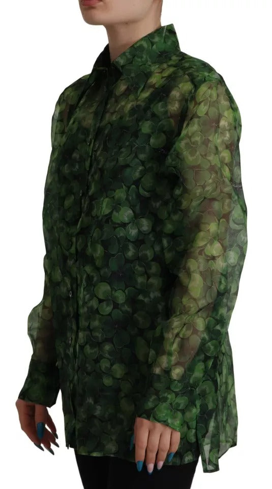 Blusa de manga larga con cuello y estampado de trébol verde