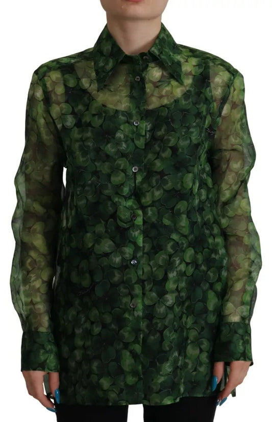 Blusa de manga larga con cuello y estampado de trébol verde