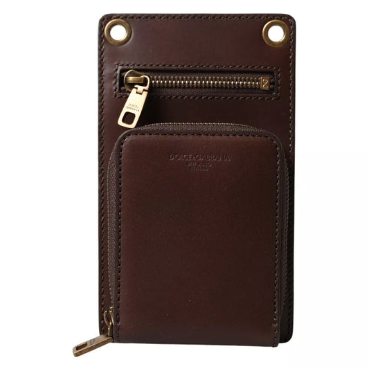 Cartera de piel de becerro marrón con cremallera y logotipo para llevar al hombro y al cuello