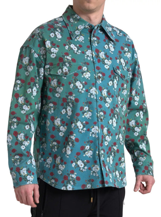 Chemise en jean boutonnée en coton à fleurs bleues