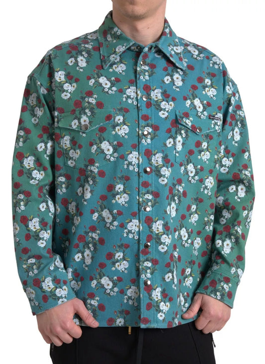 Chemise en jean boutonnée en coton à fleurs bleues