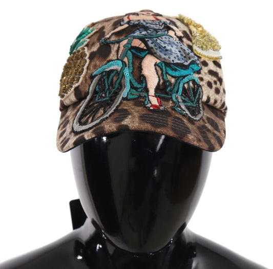 Gorra de béisbol con apliques de Sicilia y lentejuelas de leopardo marrón