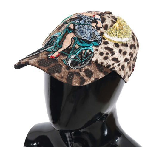 Gorra de béisbol con apliques de Sicilia y lentejuelas de leopardo marrón