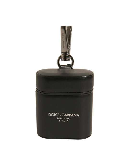 Estuche para Airpods con correa de metal plateada y logotipo de cuero negro