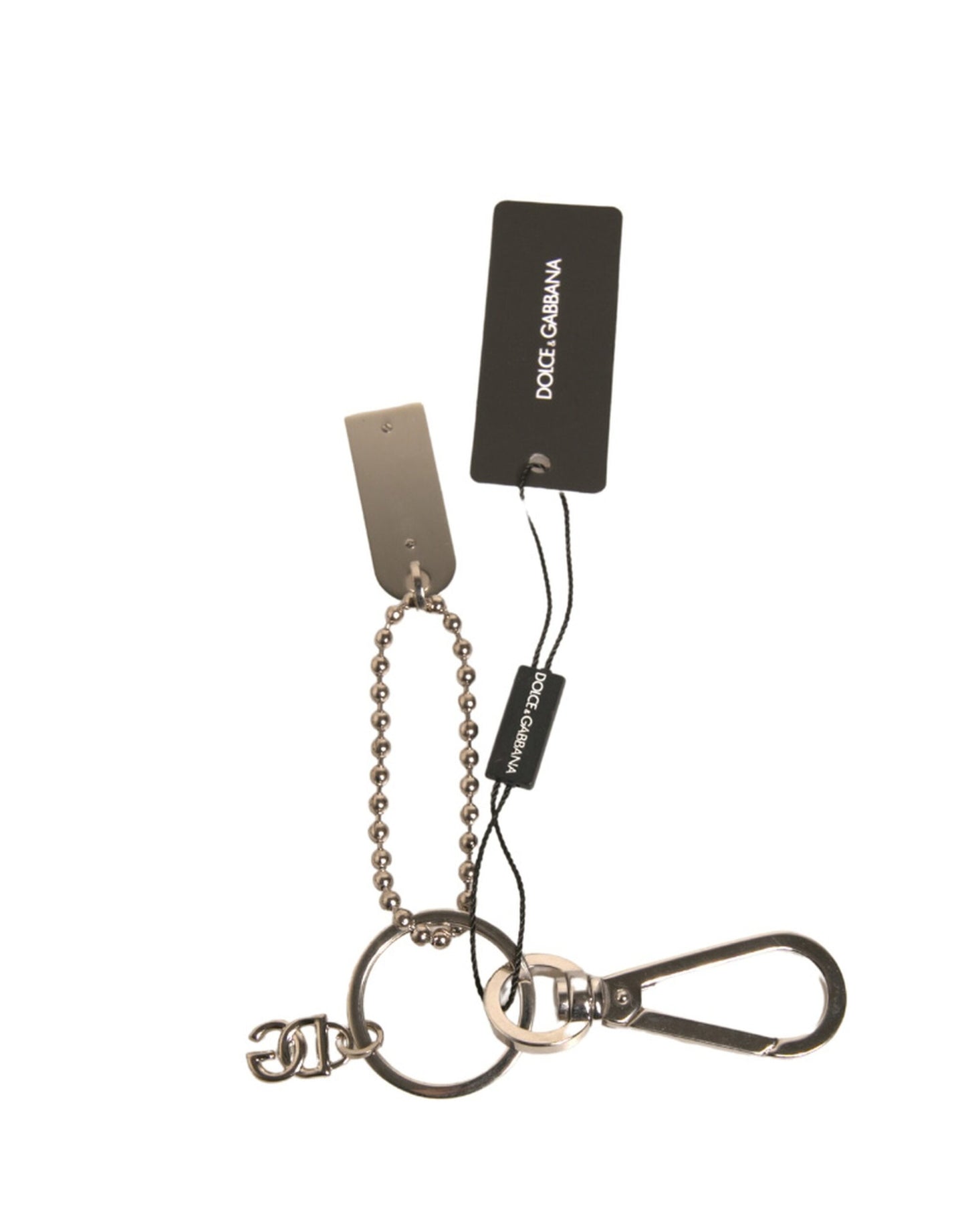 Llavero con placa de logotipo y cuentas de cadena de latón plateado