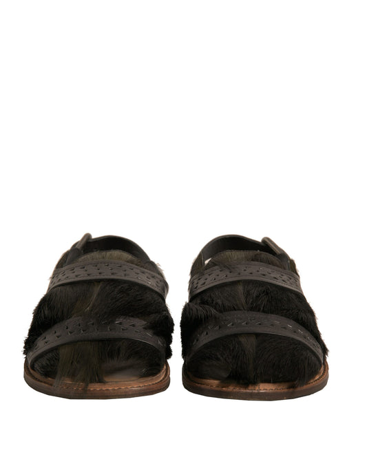 Sandalias planas de cuero con pelo de gacela verde