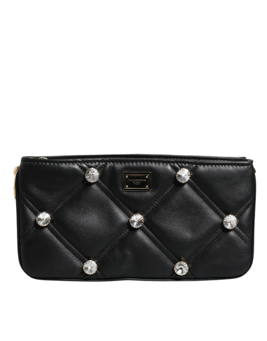 Bolso de hombro de cuero negro con logotipo adornado con cristales