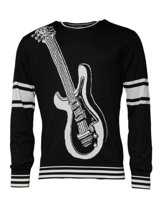 Pull ras du cou en soie noir et blanc avec guitare