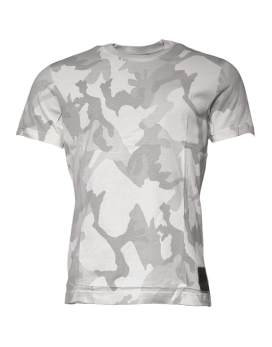 T-shirt ras du cou en coton camouflage blanc et gris