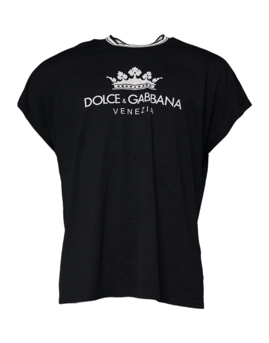 T-shirt ras du cou en coton bleu foncé avec logo couronne