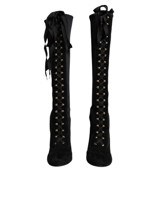 Black Lace Up Heels High Boots Shoes