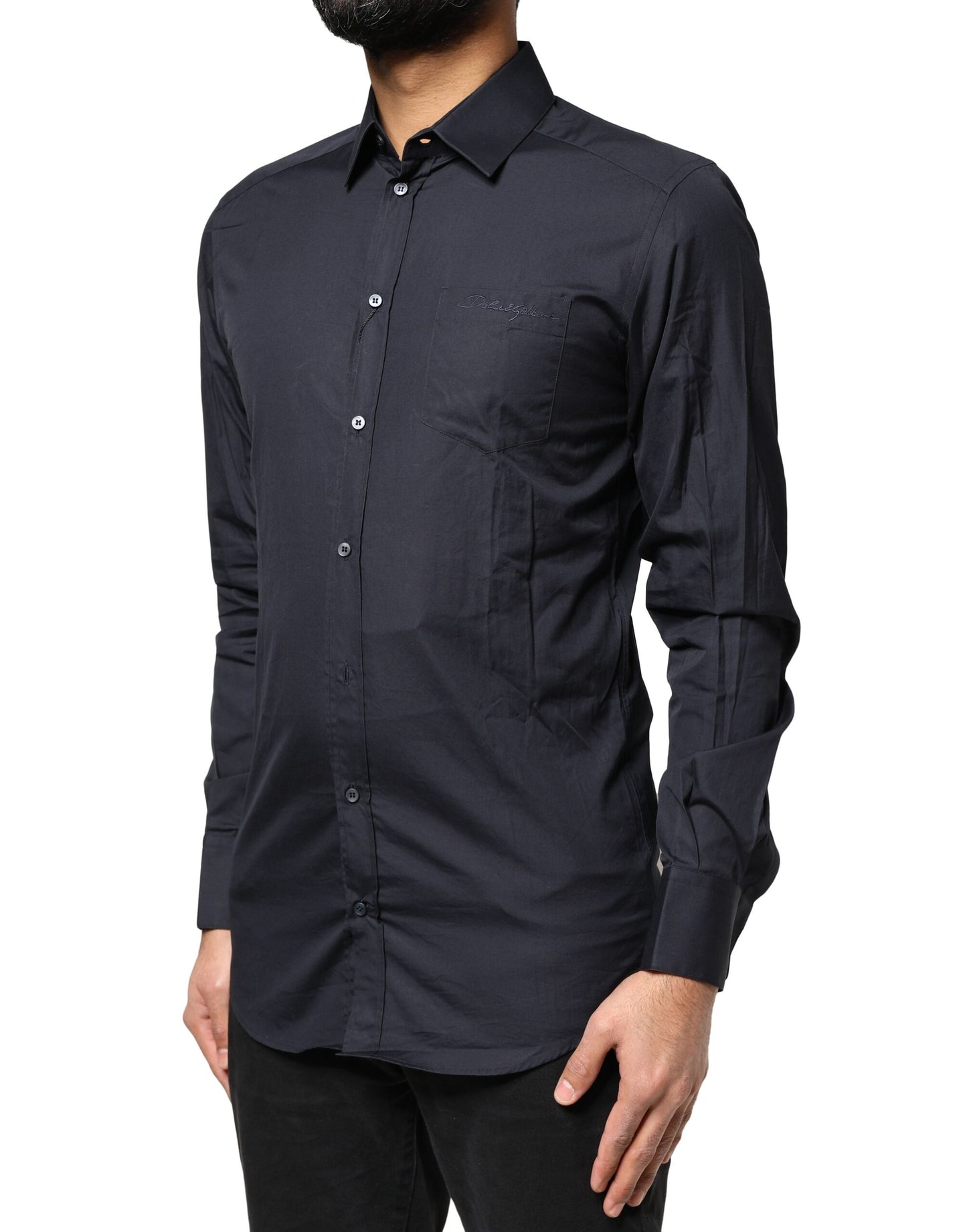 Camisa de vestir de manga larga de algodón azul oscuro dorado