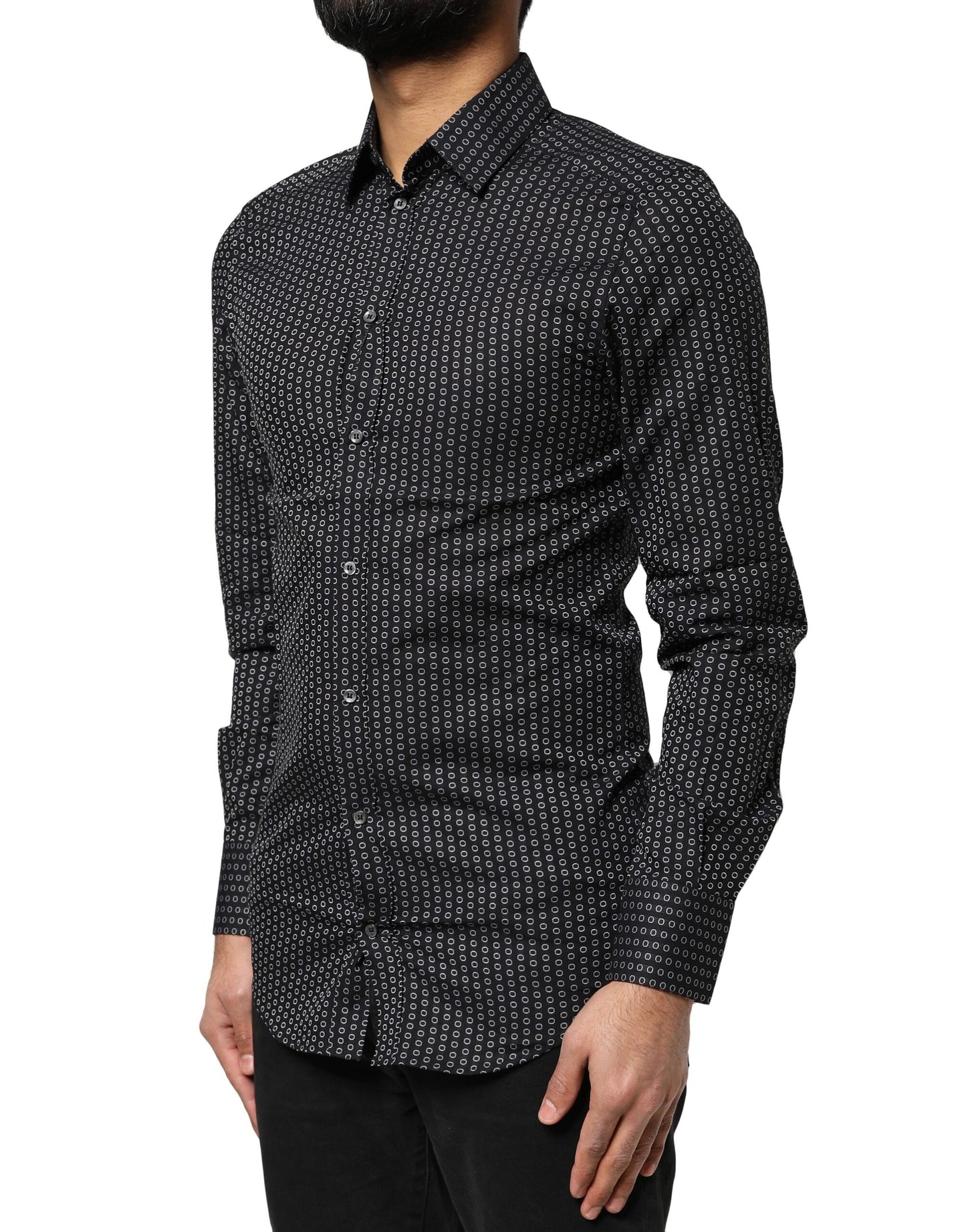 Camisa de vestir de algodón con estampado dorado negro para hombre