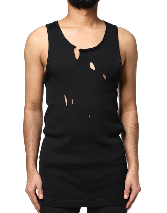 T-shirt sans manches en coton noir style déchiré pour homme