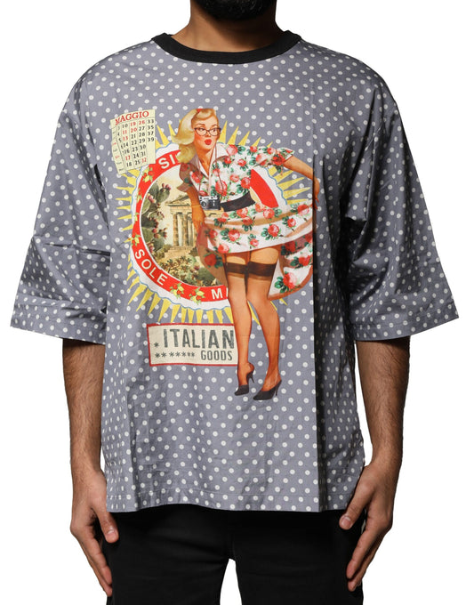 T-shirt ras du cou gris à pois et imprimé pin-up