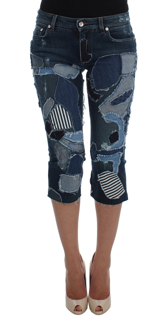 Pantalones cortos vaqueros de patchwork azul elásticos