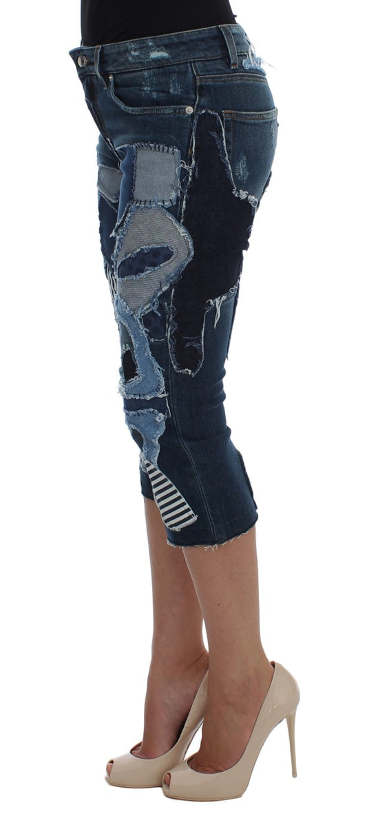 Pantalones cortos vaqueros de patchwork azul elásticos