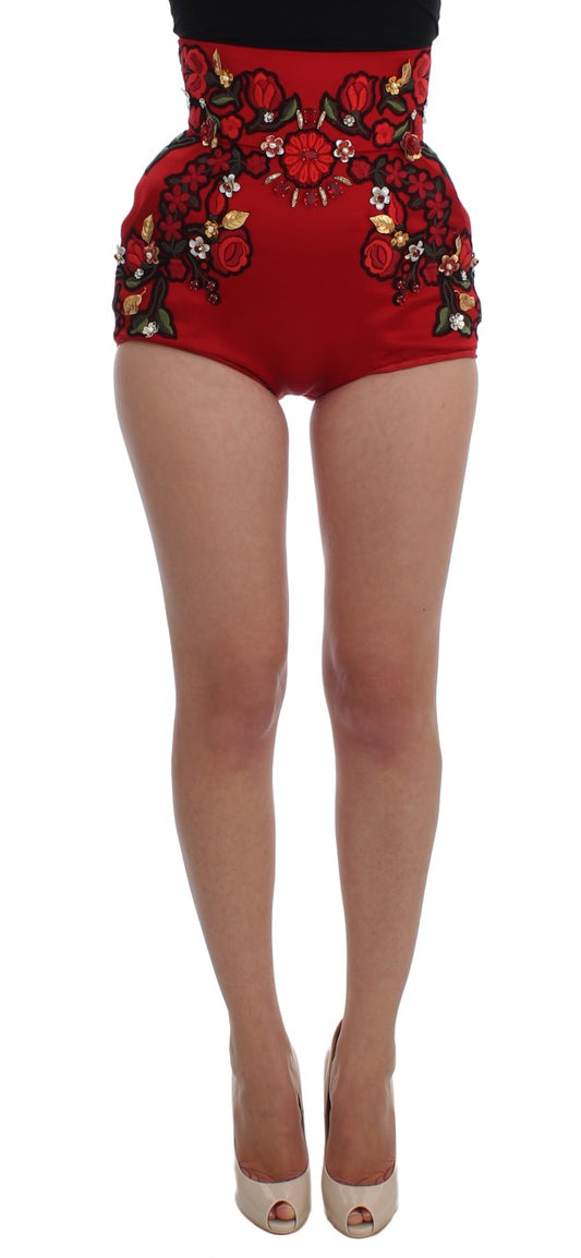 Pantalones cortos de seda roja con rosas de cristal 