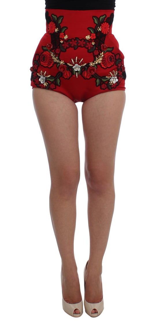 Pantalones cortos de seda roja con rosas de cristal 