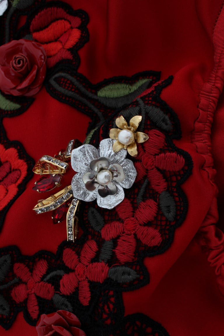Pantalones cortos de seda roja con rosas de cristal 