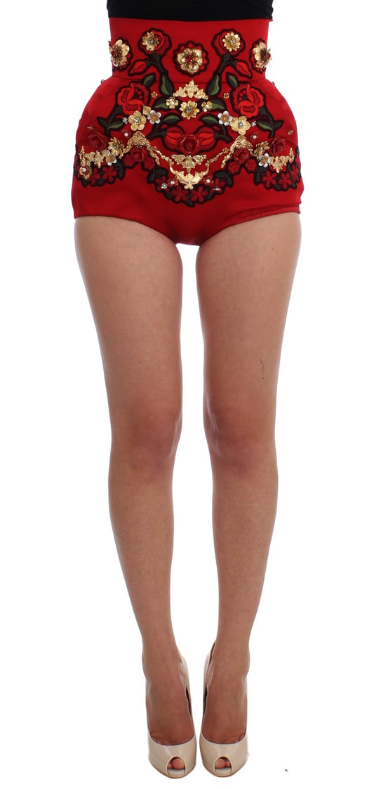 Pantalones cortos de seda roja con rosas de cristal 