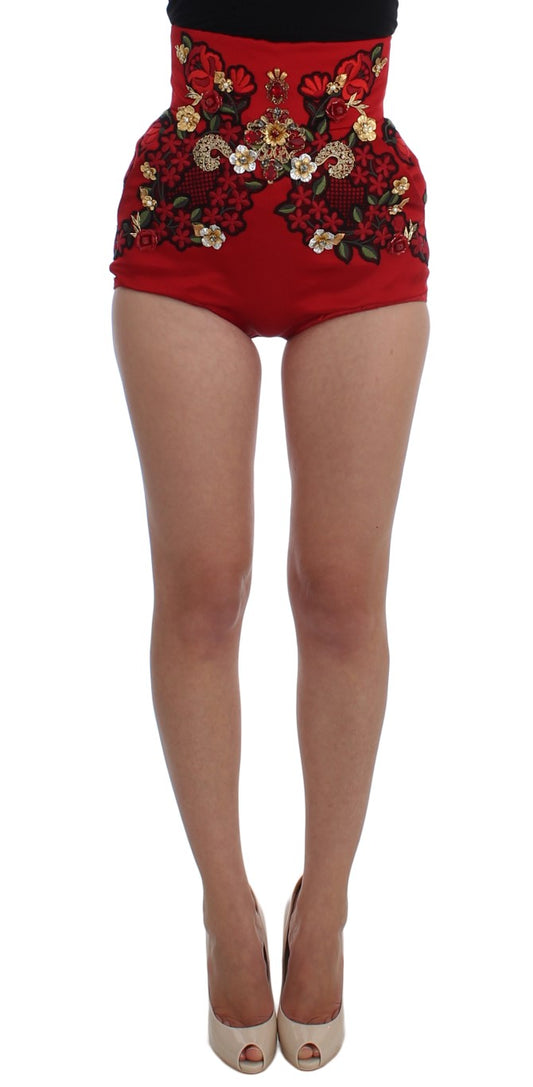 Pantalones cortos de seda roja con rosas de cristal 