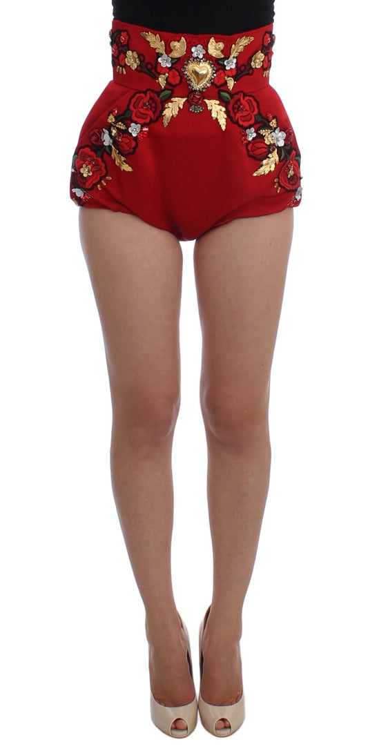 Pantalones cortos de seda roja con rosas de cristal 