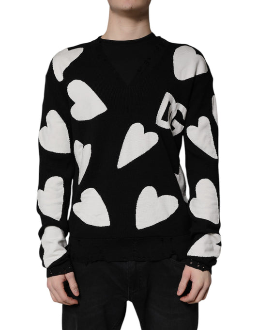 Suéter de cuello redondo de seda con corazones negros