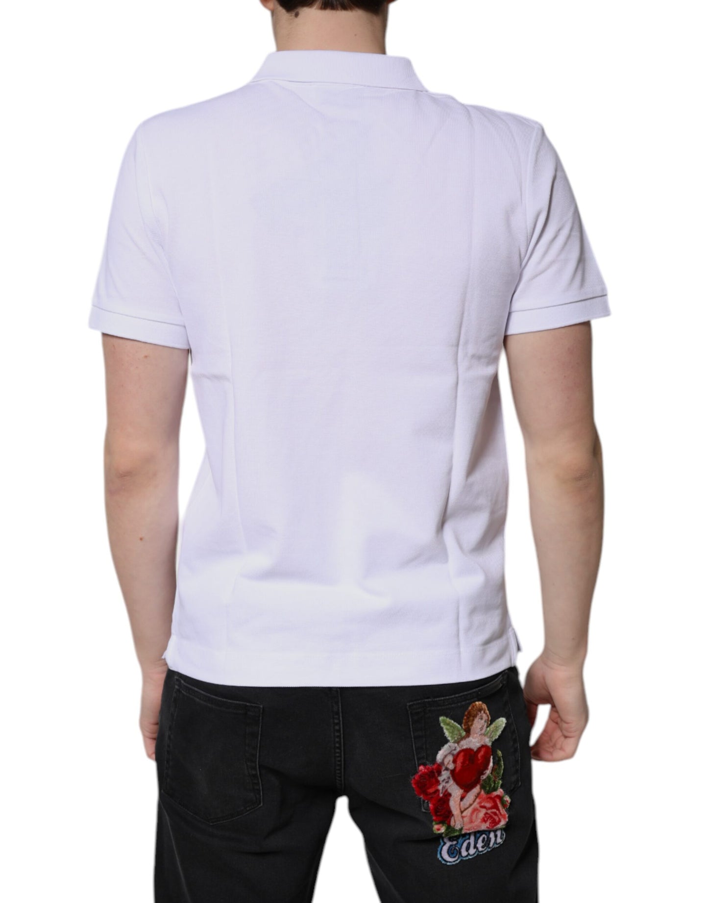Polo de algodón blanco con cuello de corona para hombre