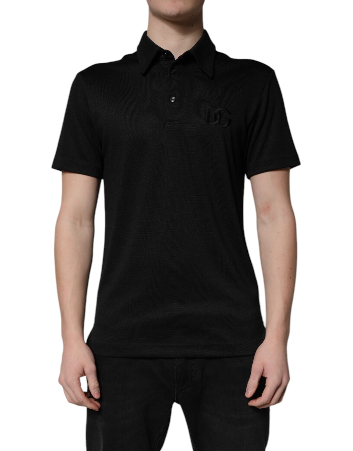 Polo à col en polyester noir avec logo DG
