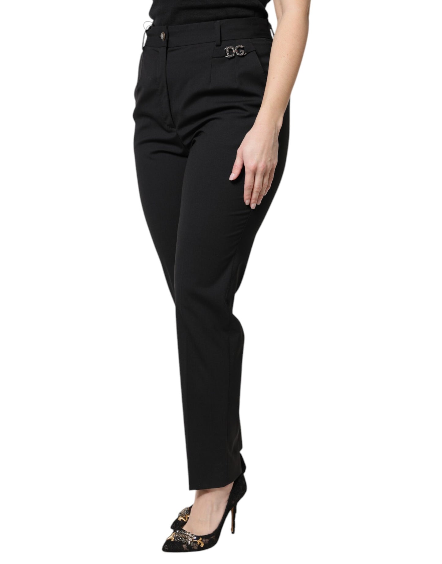Pantalon taille haute en polyester noir