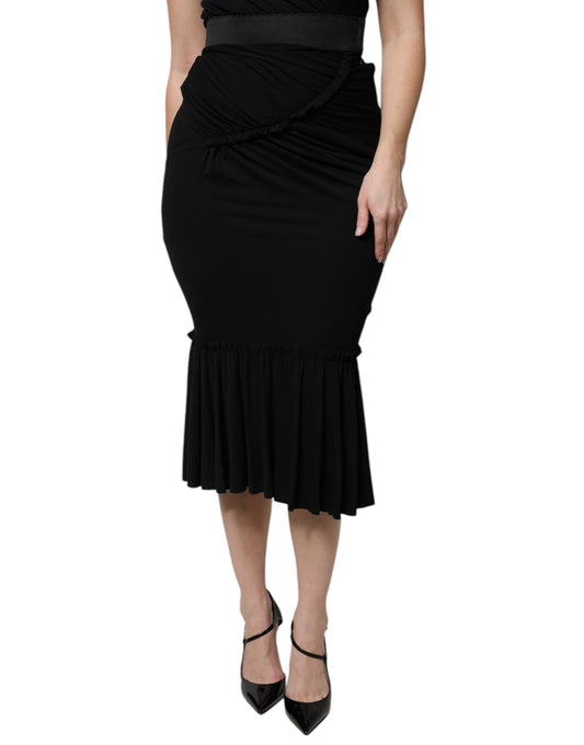 Black Mermaid Cut High Waist Midi Skirt