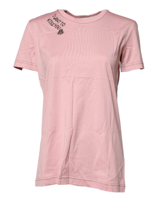Camiseta de algodón con cuello redondo y estampado de logotipo rosa