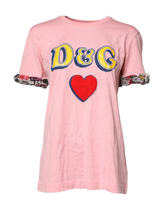 Camiseta de algodón con cuello redondo y estampado de logotipo rosa