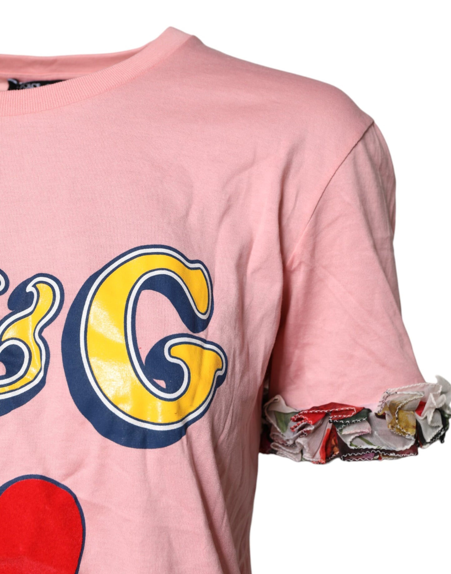 Camiseta de algodón con cuello redondo y estampado de logotipo rosa