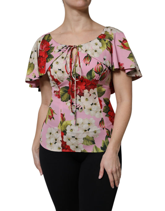 Blusa de manga corta de seda con estampado floral rosa