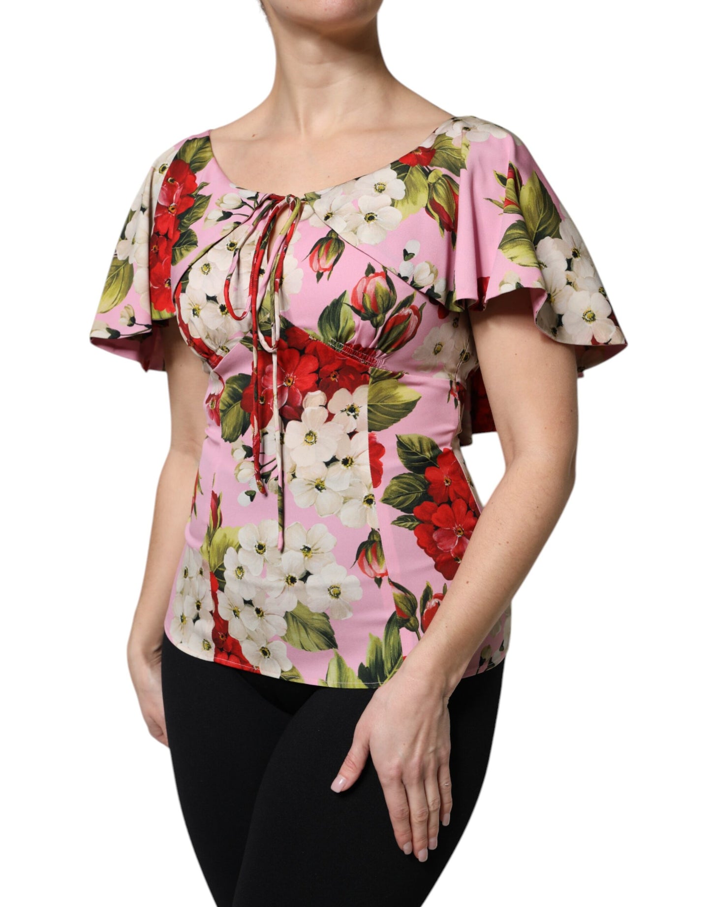 Blusa de manga corta de seda con estampado floral rosa