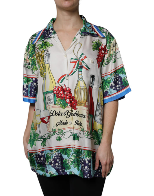 Camisa de manga corta de seda multicolor con estampado de comida