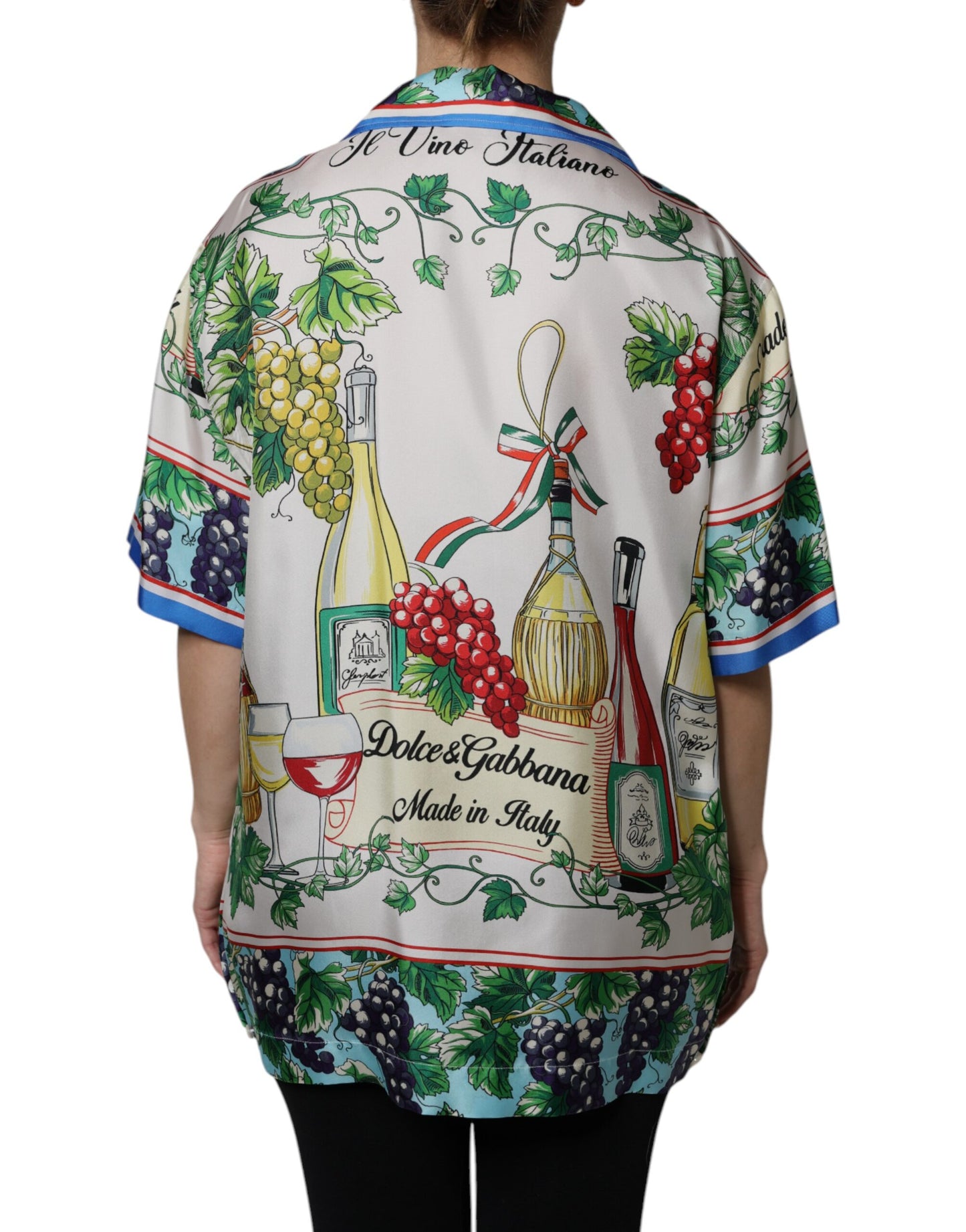 Camisa de manga corta de seda multicolor con estampado de comida
