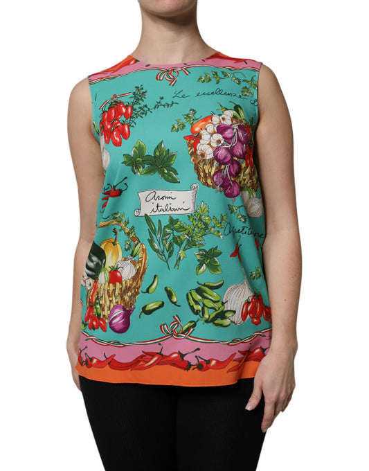 Camiseta sin mangas de seda con estampado floral multicolor