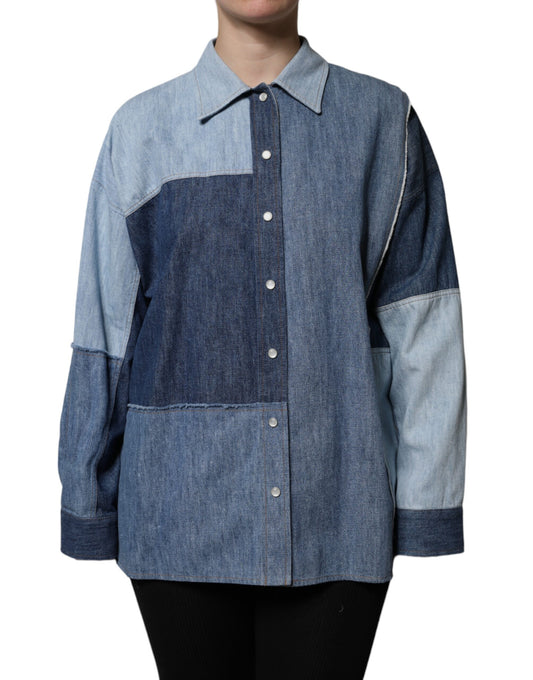 Blusa de manga larga con cuello abotonado de algodón azul