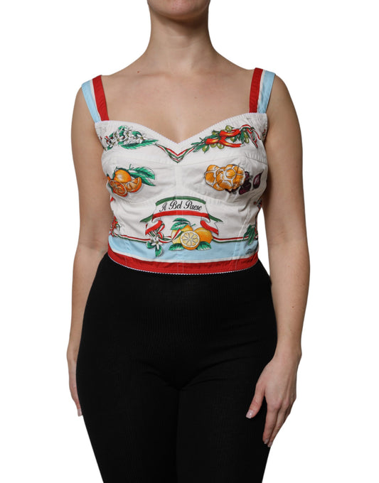 Top corto con escote en forma de corazón y estampado vegetal blanco